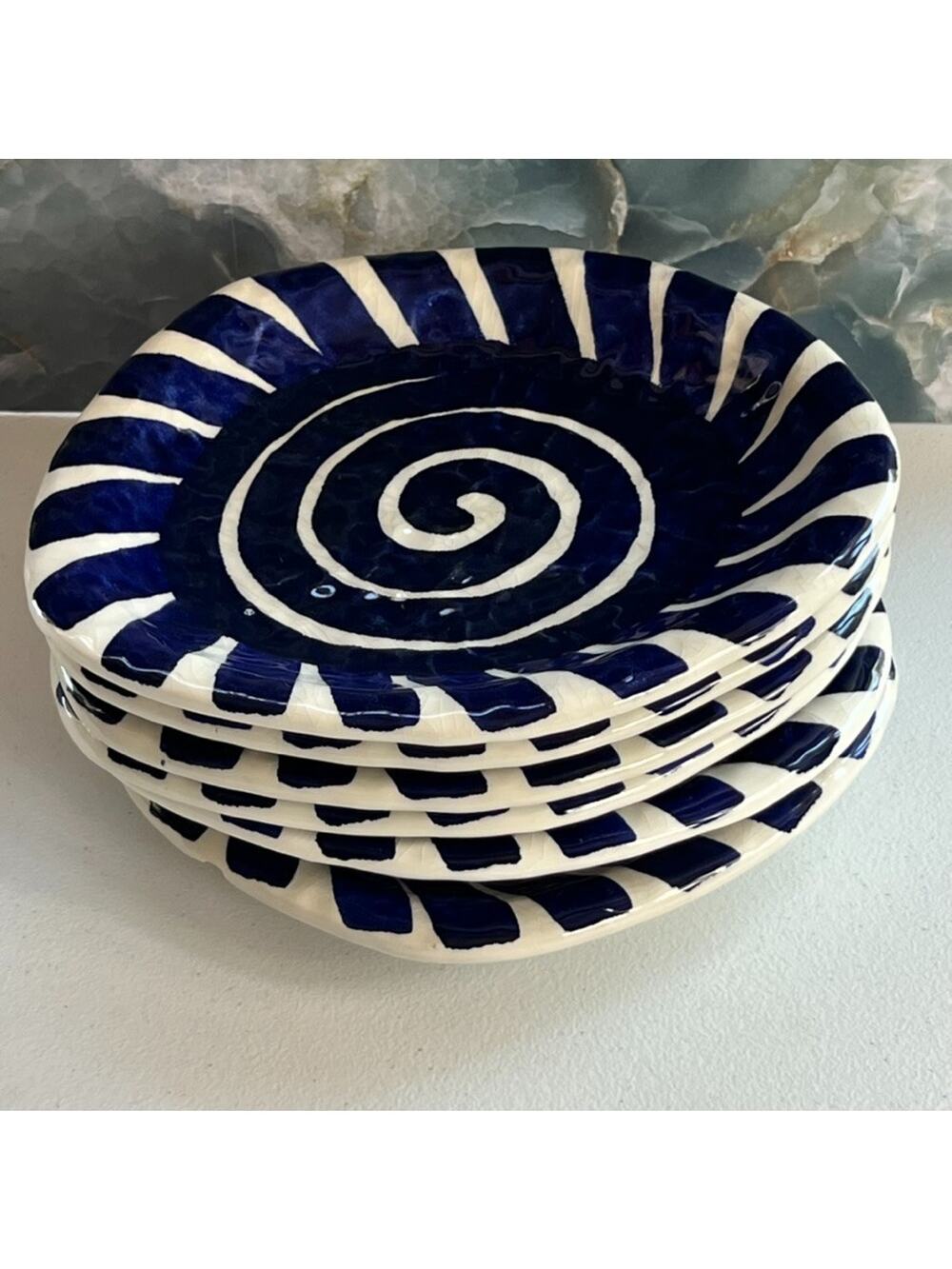 Hand Painted Mariposa Mykonos Plates Set of 6 Blue Swirl Design Made In Italy